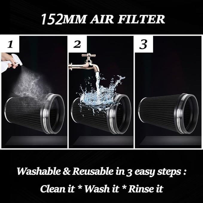 6" Inlet Cold Air Intake Filter Cone Replacement Performance Washable Clamp-On Dry Air Filters Black (8" Tall)