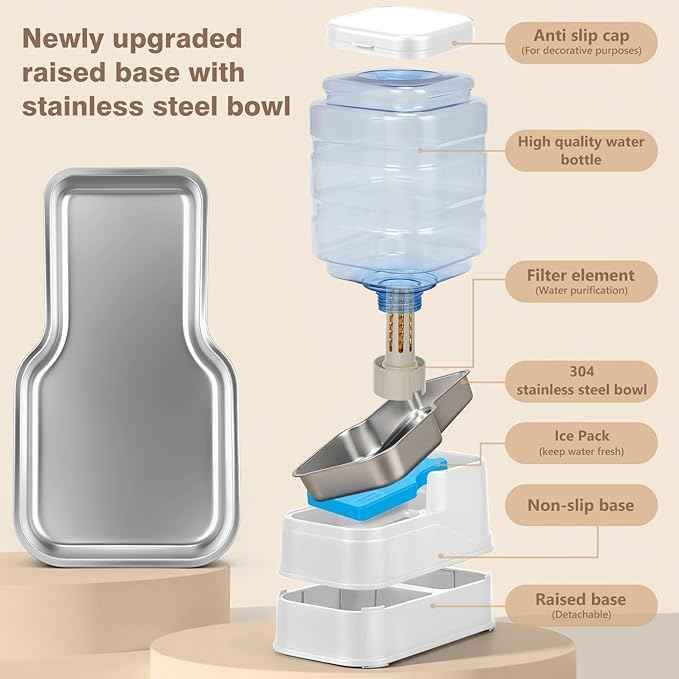 1.6 Gallon Pet Automatic Dog Water Dispenser Cat Gravity Waterer Feeder with Stainless Steel Bowl Large Capacity Puppy Feeding Raised Bowls with Filter,Ice Pack (White, 6L(1.6 Gallon))