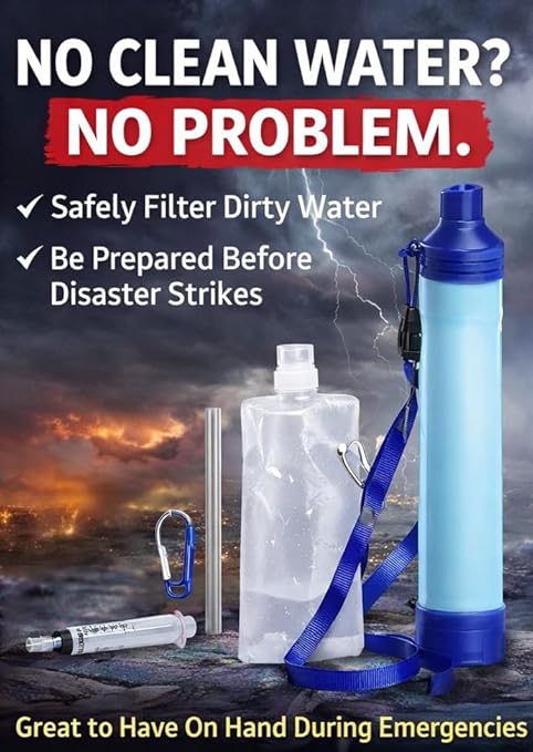 Portable Water Filter Straw Kit – Emergency Survival Water Purifier, 99.99% Bacteria Removal, Lightweight Camping & Outdoor Filtration System with Collapsible Water Bag