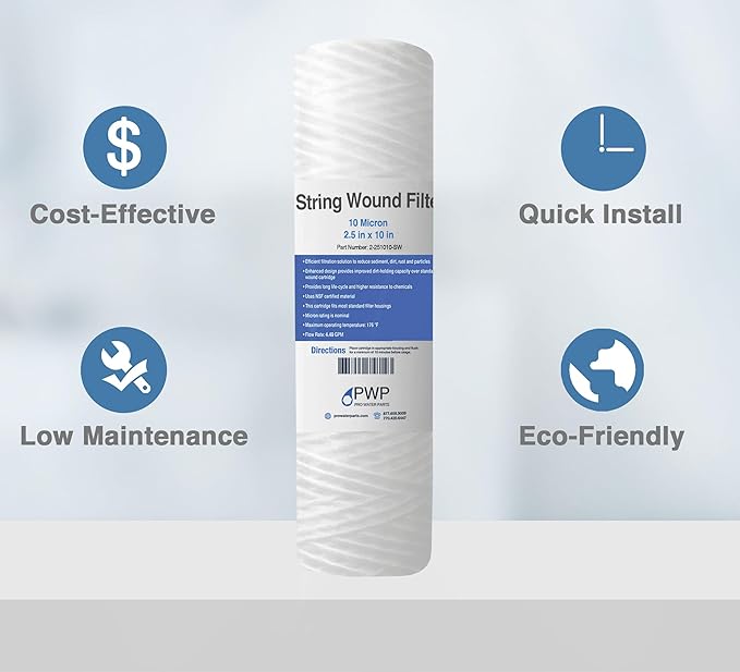 String Wound Sediment Water Filter Cartridge 2.5x10" 10 Micron 50 Pack