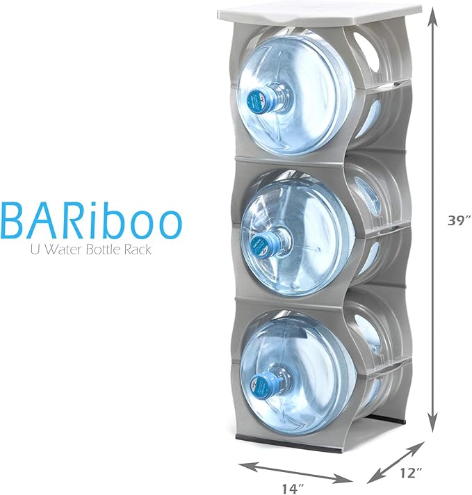 Bariboo Stackable Water Bottle Storage Rack Best Water Jugs 5 Gallon Organizer. Jug Holder for Kitchen, Cabinet and Office Organizing. Reinforced Polypropylene (Silver, 3 Plus Shelf)