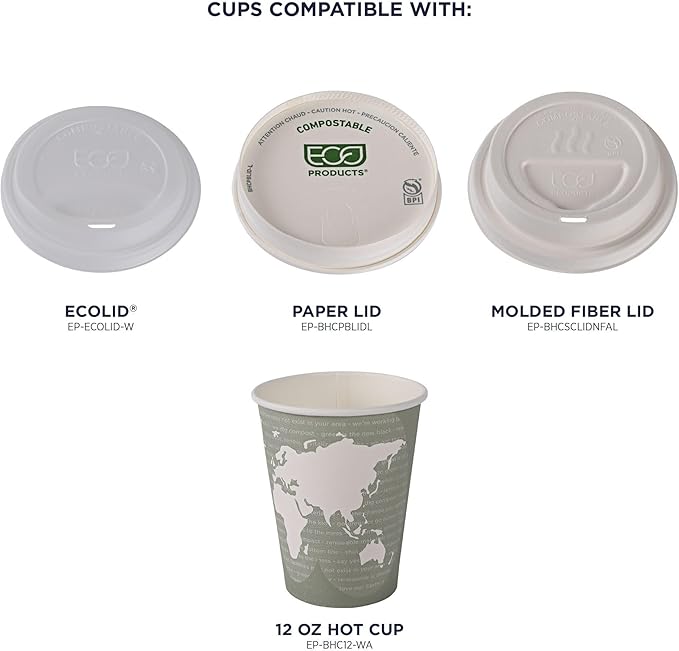 ECO PRODUCTS Compostable Disposable World Art 12oz Large Coffee Cups, Pack of 50, Renewable Hot Paper Cup, Plant Based PLA Lining, Color Coded