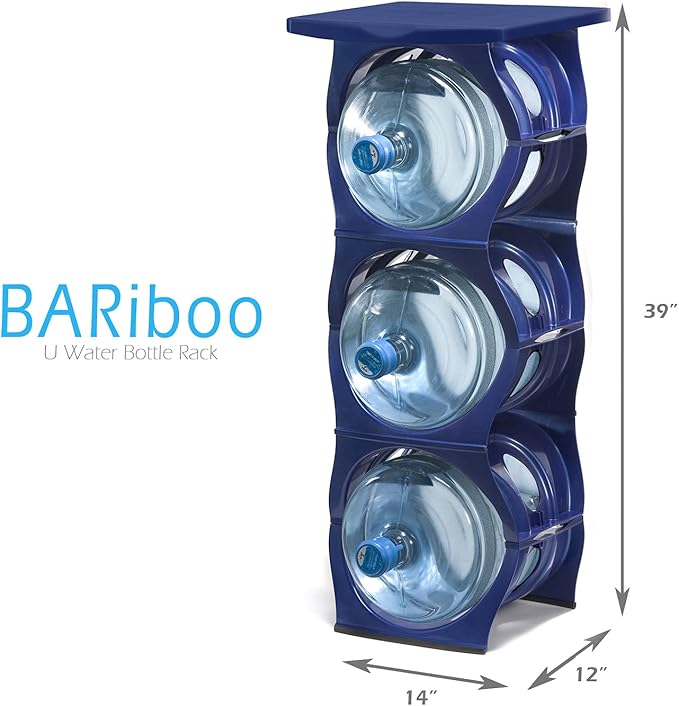 Bariboo Stackable Water Bottle Storage Rack Best Water Jugs 5 Gallon Organizer. Jug Holder for Kitchen, Cabinet and Office Organizing. Reinforced Polypropylene (Blue, 3 Plus Shelf)