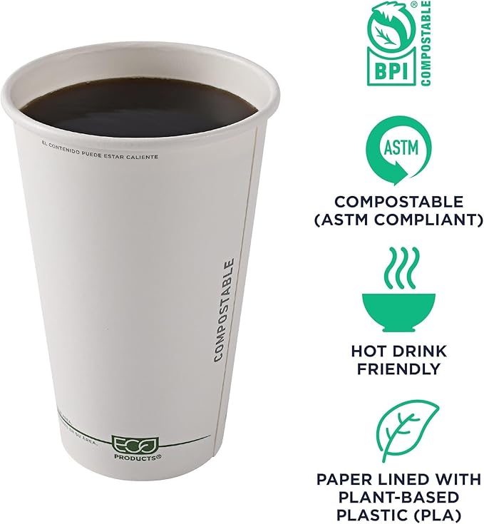ECO PRODUCTS Compostable Disposable GreenStripe 16oz Coffee Cups, Pack of 50, White Single Wall Hot Paper Cup, Plant Based PLA Lining, Biodegradable