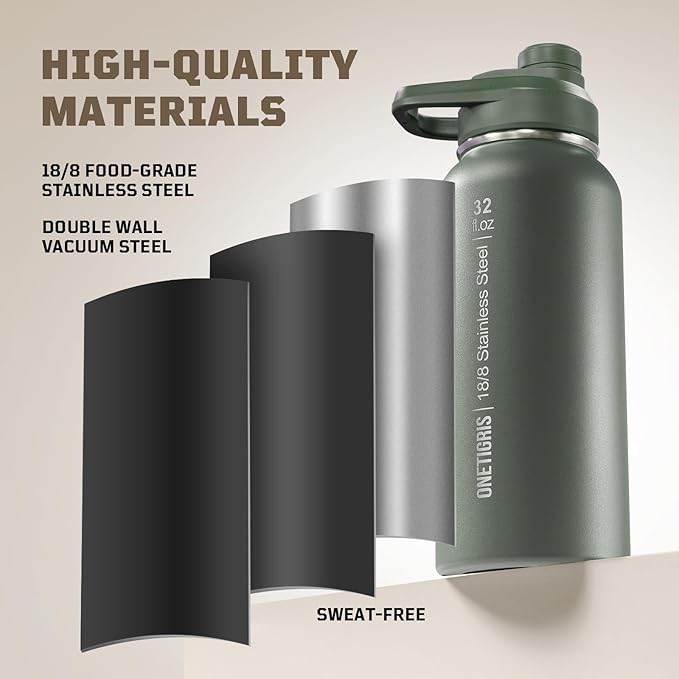 ONETIGRIS 32 oz Insulated Water Bottle with Straw - Tactical Stainless Steel Water Jug, Leakproof Thermos Wide Mouth Sport bottle with 3 Lids and Sleeve for Travel, Gym, Camping, Hiking