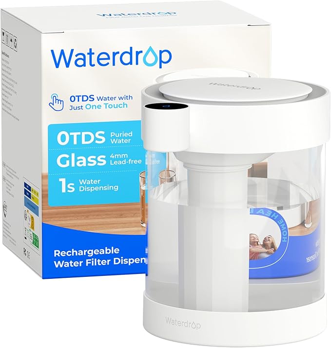 Waterdrop 0 TDS Glass Electric Countertop Water Filter Dispenser, Large 22-Cup, 4-Stage Instant Water Filtration System Rechargeable, Reduce Chlorine, Lead, Copper, with 1 Filter