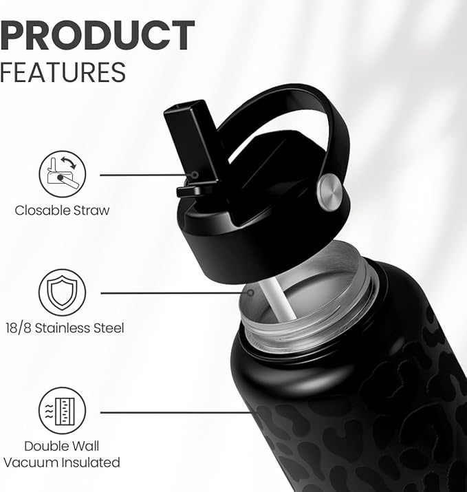 Leopard Water Bottle 32oz Stainless Steel Double Wall Vacuum Insulated with Lid, Leopard Print Water Bottles for Gym Sports Travel Outdoor, Gifts for Women Girls Ladies Birthday Christmas