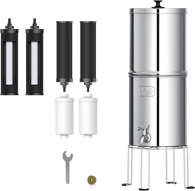 AQUA CREST Gravity Water Filter System, 304 Stainless Steel Countertop System with 6 Filters and Anti-Slip Stand, Reduce Fluoride and Chlorine, 2.25G, for Home, Camping, RVing, Off-Grid, Emergencies