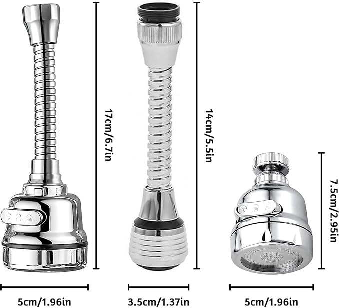 3 Pieces Kitchen Tap Head Fucet Aerator, 360 Degree Rotatable 3 Mode Adjustable Faucet Extender Kitchen Faucet Head Replacement for Bathroom Kitchen