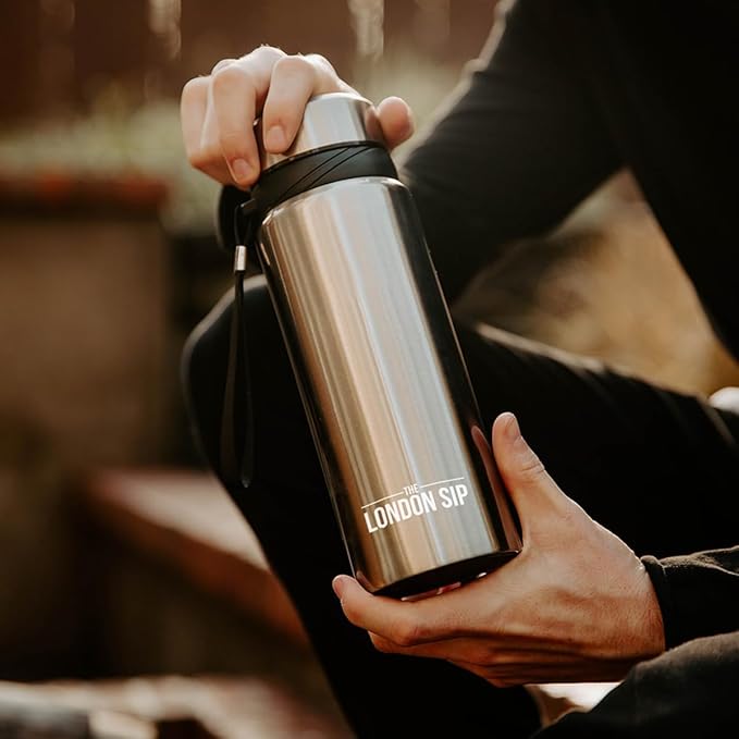 The London Sip 25 oz Multi-Function Travel Mug and Tumbler Tea Infuser Water Bottle Fruit Infused Flask Hot and Cold Double Wall Stainless Steel Coffee Thermos, Cosmic Silver, Pack of 2