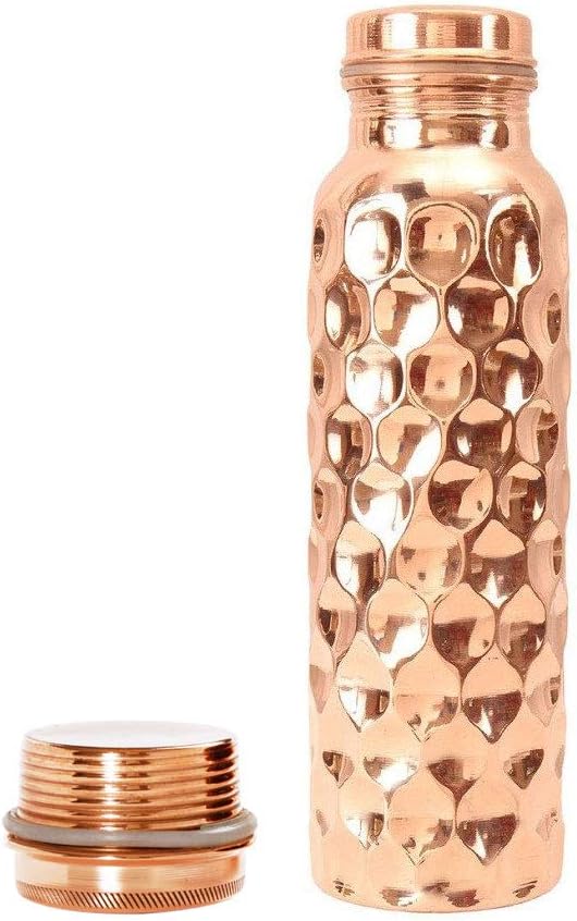 Diamond Cut Copper Water Bottle - Leak Proof Ayurvedic Drinkware Copper Vessel for Sports, Gym, Outdoors, Yoga