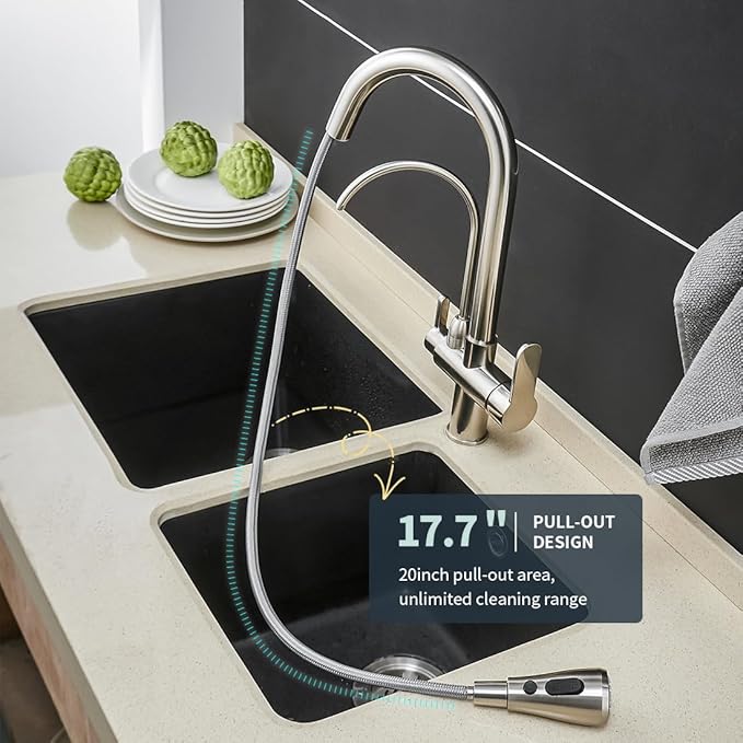 WANFAN Kitchen Sink Faucet with Pull Down Sprayer 2 Handle 3 in 1 Water Filter Purifier Faucets Brushed Nickel 0195SN