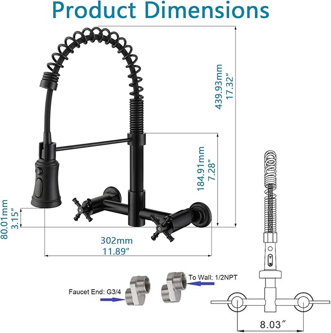 Wall Mount Kitchen Faucet, 8 Inch Center Wall Mount Faucet with Pull Down Sprayer, Commercial Spring Wall Faucet for Kitchen Sink, 3 Functions, Dual Handle, 304 Stainless Steel, Matte Black