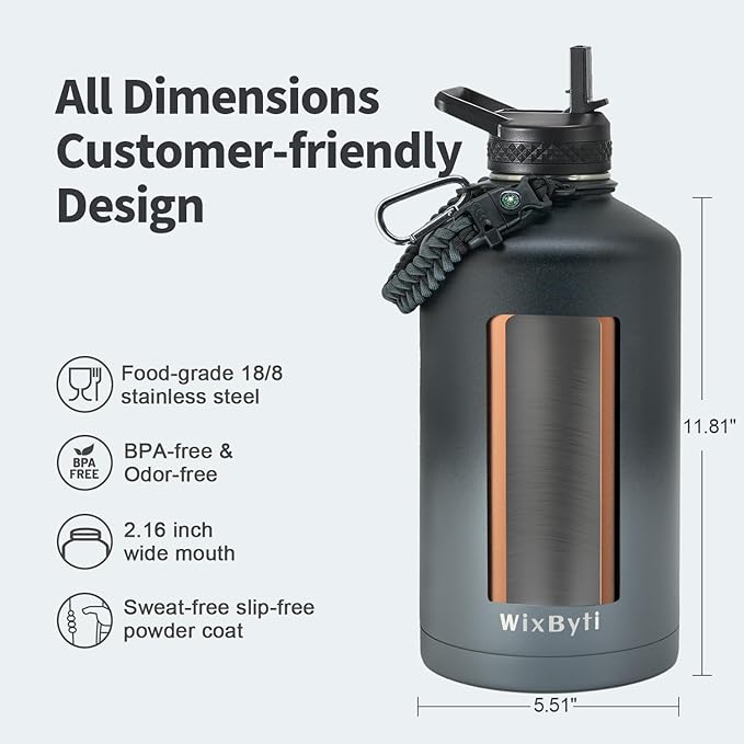 One Gallon Water Bottle Insulated, Triple Wall Vacuum Cold for 48 Hrs & Leak-proof & Non-BPA, 128oz Large Sports Stainless Steel Water Jug with Paracord Handle Straw Spout Lids & DIY Stickers