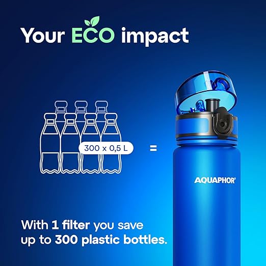 AQUAPHOR City Filtered Water Bottle in Tritan BPA-free - Portable with Integrated Water Purifying Filter 500 ml - Blue