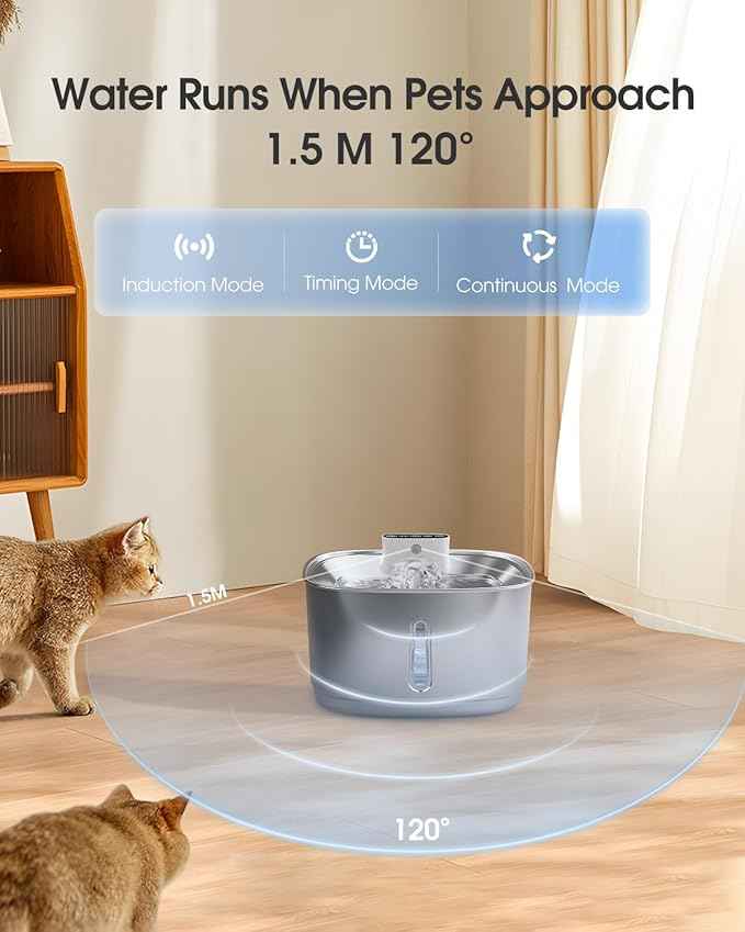 Wireless Cat Water Fountain Stainless Steel, Smart Pet Water Fountain Cordless,3.2L/108oz with Filters and 2 Spray-Head,Pet Water Fountain for Cats Dogs Indoor