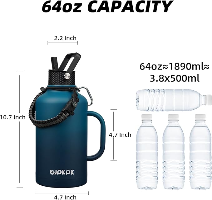 BJPKPK Half Gallon Insulated Water Bottles with Straw Lid & Side Handle, 64oz Large, Stainless Steel Water Bottles with 3 Lids and Paracord Strap, Metal Water Jug,Vast