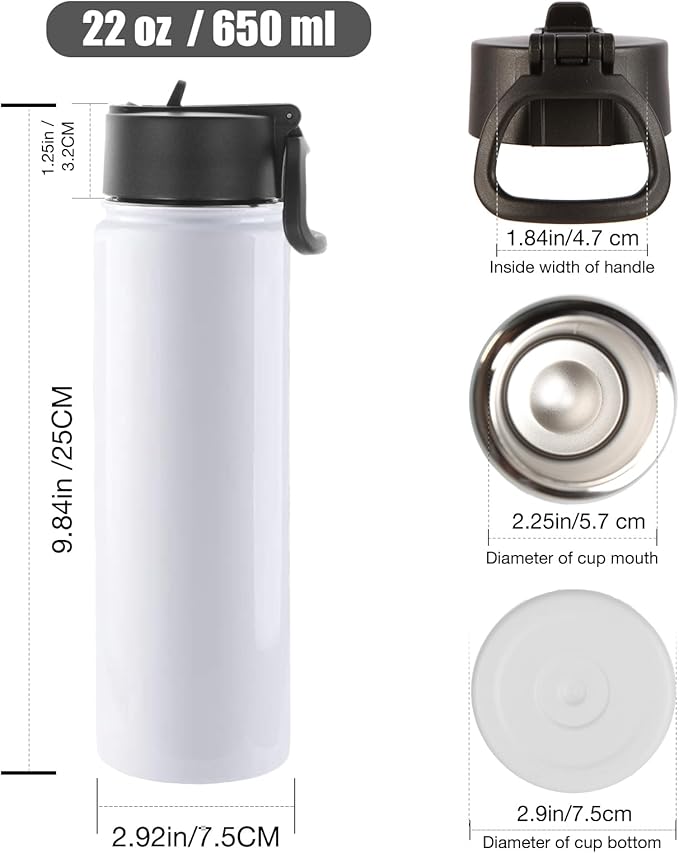 Volhoply Sublimation Insulated Water Bottles Blank Bulk 4 Pack, 22 oz Stainless Steel Sports Bottle with Straw, Double Walled Vacuum Metal Water Flask with Wide Mouth(Sublimation,4 Set)