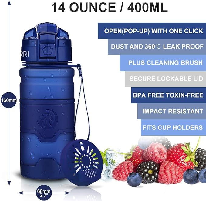 ZORRI Sports Water Bottle, 400/500/700ml/1L, BPA Free Leak Proof Tritan Lightweight Bottles for Outdoors,Camping,Cycling,Fitness,Gym,Yoga- Kids/Adults Drink Bottles with Filter, Lockable Pop Open Lid