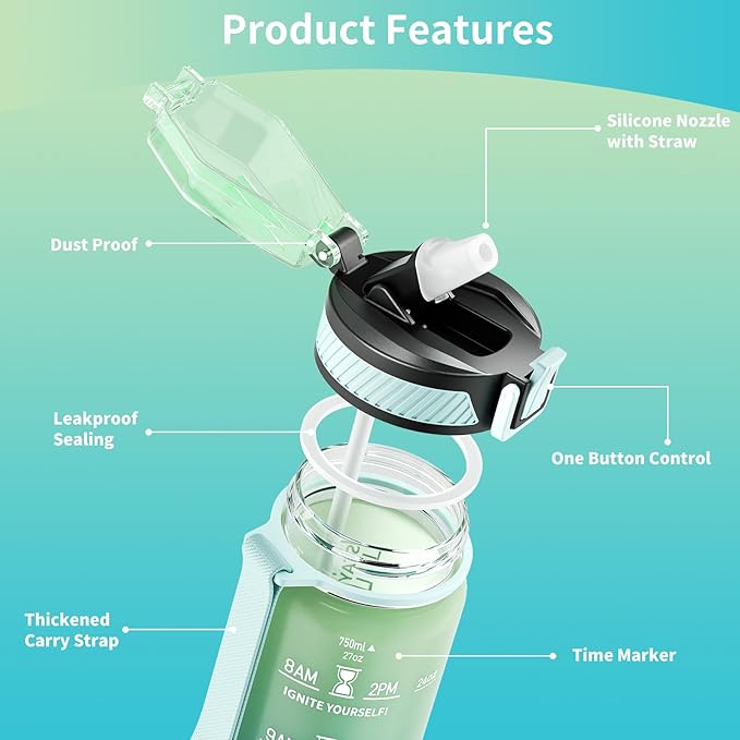 Water Bottle with Straw, 27oz Motivational Water Bottles with Time Marker to Drink, Tritan BPA Free, 750ml Sports Water Bottle with Carry Strap LeakProof for School Fitness Outdoor (1Pack)
