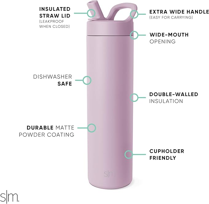 Simple Modern Water Bottle with Straw lid | Insulated Stainless Steel Thermos | Reusable Travel Water Bottles for Gym & Sports | Leak Proof & BPA Free | 24oz, Lavender Mist