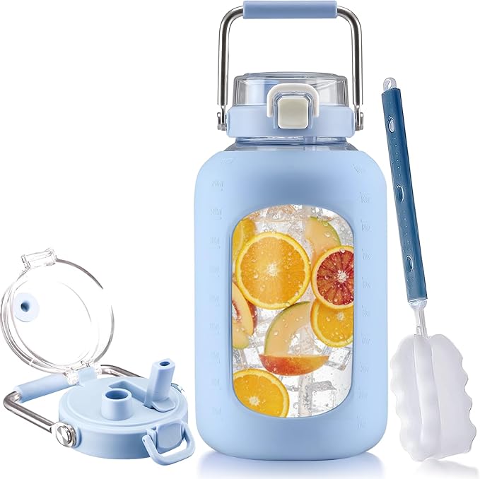 BLUEGO 100 oz Glass Water Bottle with Straw, Huge 3 Liter Water Bottle with Sturdy Handle, Glass Water Jug with Sleeve, Wide Mouth Water Container with Time Marker, Blue