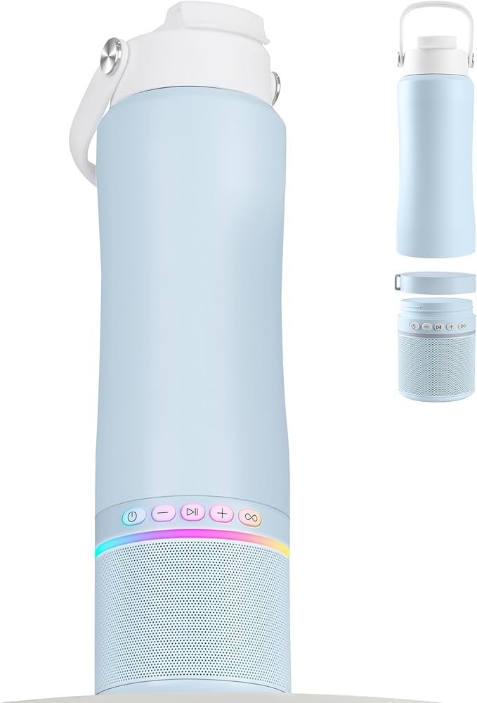 Water Bottle with Portable Bluetooth Speaker - Modular Insulated Water Bottles w/Handle, BT5.3, TWS Pairing Speaker and Stainless Steel Cups for Camping Sports Beach (Blue)