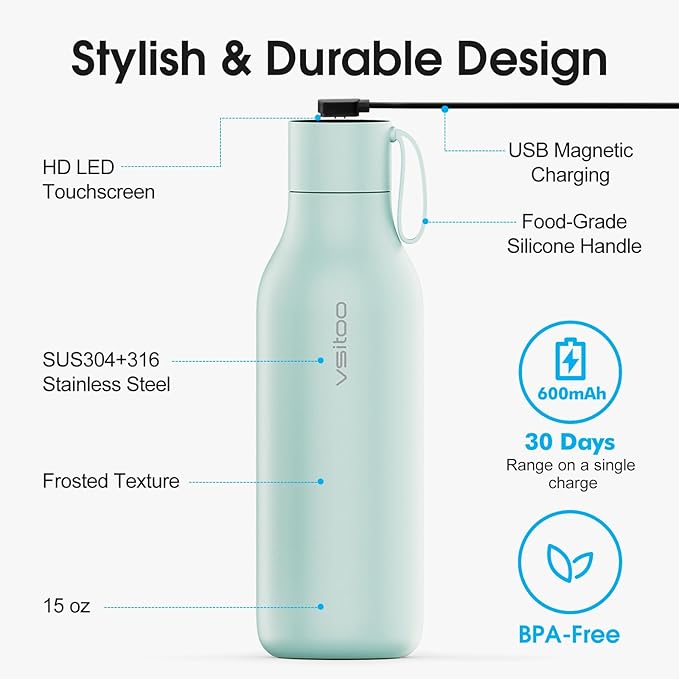 VSITOO 33oz Smart Self Cleaning Water Bottle，Insulated Water Bottle with Stainless Steel, BPA-Free, AI Self-Clean, 30-Day Battery, Magnetic Charging for Travel, Gym or Office, Blue