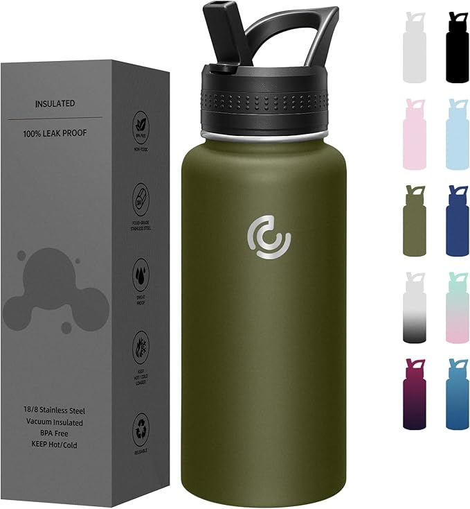 COKTIK 32oz Sports Water Bottle, Stainless Steel Water Bottle for Insulated, Reusable Travel Bottle, With Straw, With Handle Grip for Easy Carrying, Suitable for Cycling, Outdoor Vacations(Army Green)
