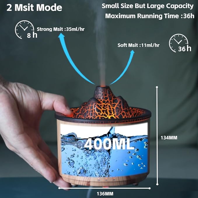 Volcano Cool Mist Essential Oil Diffuser & Humidifier for Bedroom 5 Light Modes Scent 400ml Small Size Large-Capacity, Maximum 36H Ultra-Quiet Aromatherapy for Office, Home, Study and Deep Sleep