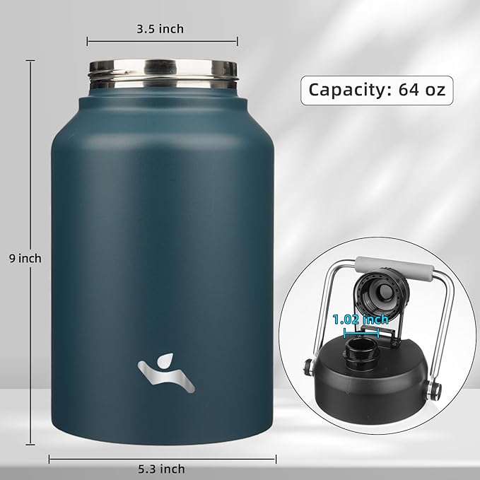 Half Gallon Jug with Handle,64 oz Insulated Water Bottle with Carrying Pouch,Double Wall Vacuum Stainless Steel Metal Bottle,Navy blue