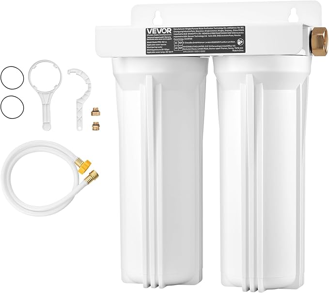 VEVOR RV Water Filter, 2-Cartridge 2.5 x 10 in Water Filter System for RV, Remove Sediments, Chlorine, Bad Tastes, Odors, and Most Contaminants, RV Filter for Campers, Boats, Vans