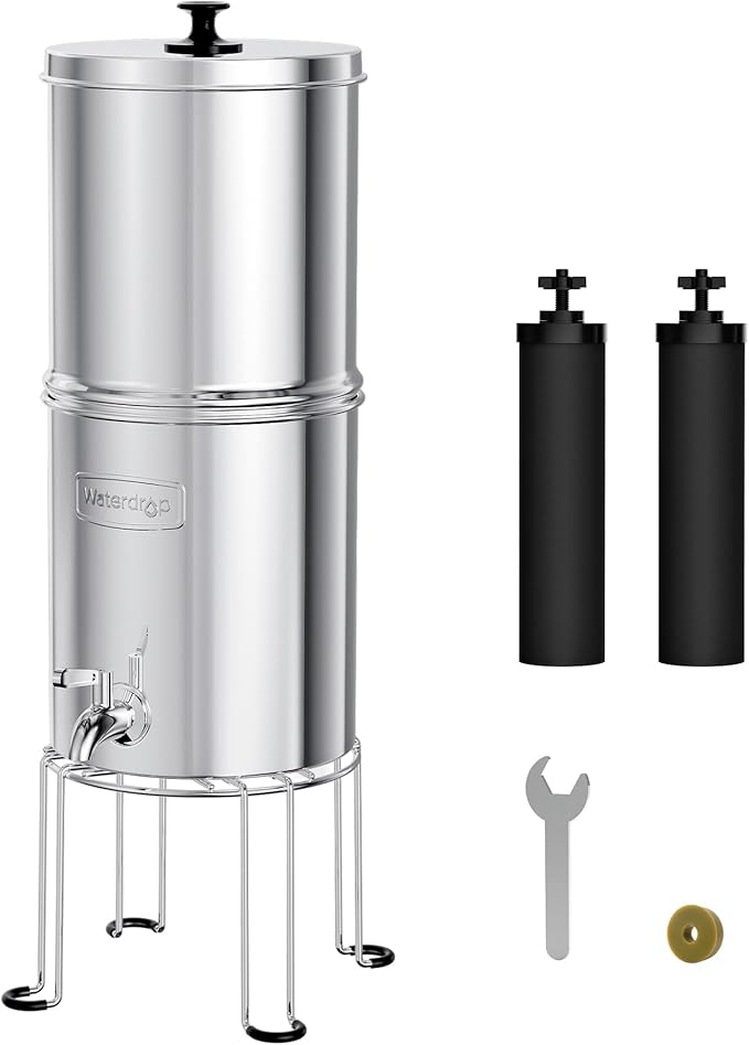 Waterdrop Gravity-fed Water Filter System, Reduces Lead and up to 99% of Chlorine, NSF/ANSI 42&372 Standard, with 2 Black Carbon Filters and Metal Spigot, King Tank Series - AquaVibe