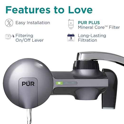 PUR Plus Horizontal Faucet Mount Filtration System with 3-in-1 Lead Reducing Filter, Water Filter for Sink, Lasts 100 Gallons, Compatible with Sinks with External Aerators, Metallic Grey