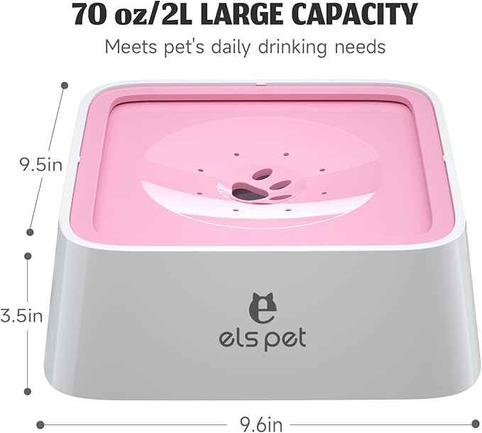 ELS PET No Spill Dog & Cat Bowl - 70oz/2L Large Capacity Travel Water Dispenser (Pink)