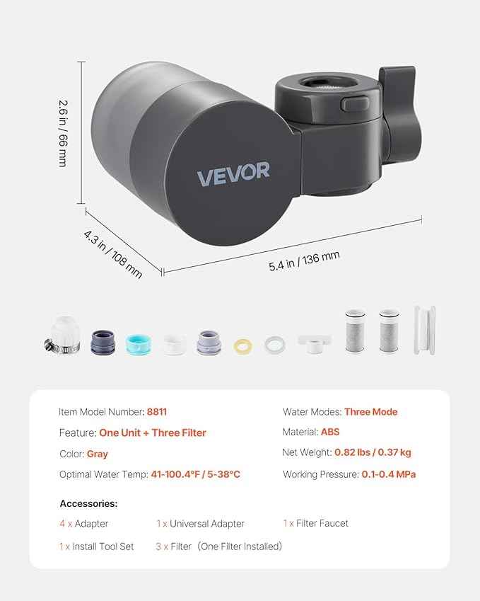 VEVOR Faucet Mount Water Filter, Horizontal Water Purifier for Sink Tap, NSF Certified Carbon Fiber Filter, Removes Chlorine Lead with 3 Filters, Fits Most Kitchen or Bathroom Faucets, Gray - AquaVibe