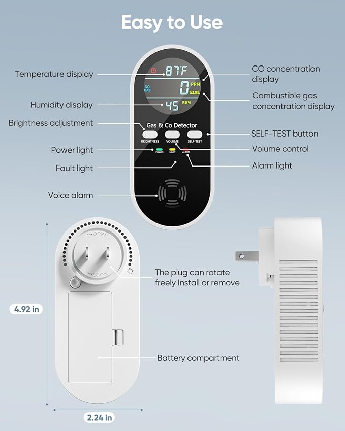 5-in-1 Carbon Monoxide Detectors, Natural Gas Leak Detector, Plug-in & Battery Backup Co Detector, HD Digital Display, CO Gas Temp Humidity Sensor, 1-Pcs, Black