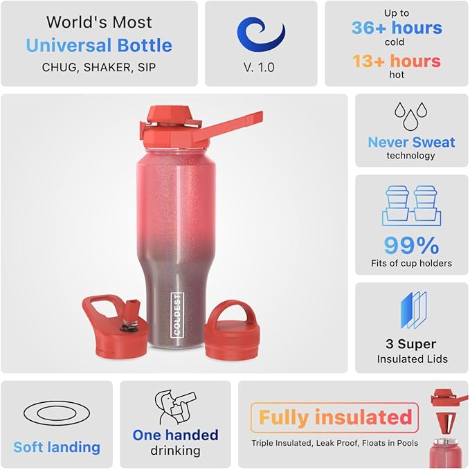 Coldest Sports Water Bottle - 3 in 1 Lids (Chug, Straw, Handle) - Insulated Stainless Steel Tumbler with Handle - Vacuum Water Flask Cup, Valentines Gifts for Him Her (36 oz, Red Nebula Glitter)