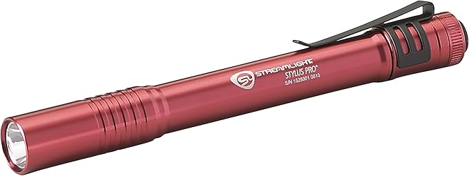 Streamlight 66120 Stylus Pro 100-Lumen White LED Pen Light for Inspectors, Law Enforcement, and Everyday Use with 2 AAA Alkaline Batteries, Red