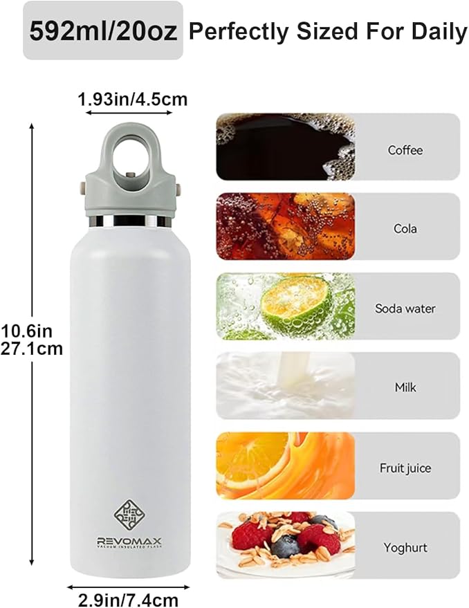 RevoMax 20oz Insulated Water Bottle, One-Hand Open Design, Vacuum Stainless Steel Water Bottles, Keep 36H Cold/18H Hot, Leakproof and BPA Free, Sports Flask for School,Travel, Gym
