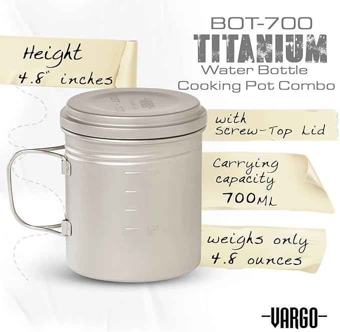Vargo Titanium BOT Series | Vargo BOT - 700 | Titanium Cooking Pot and Water Bottle with Foldable Handles and Watertight Lid | 700ml (23 oz.)