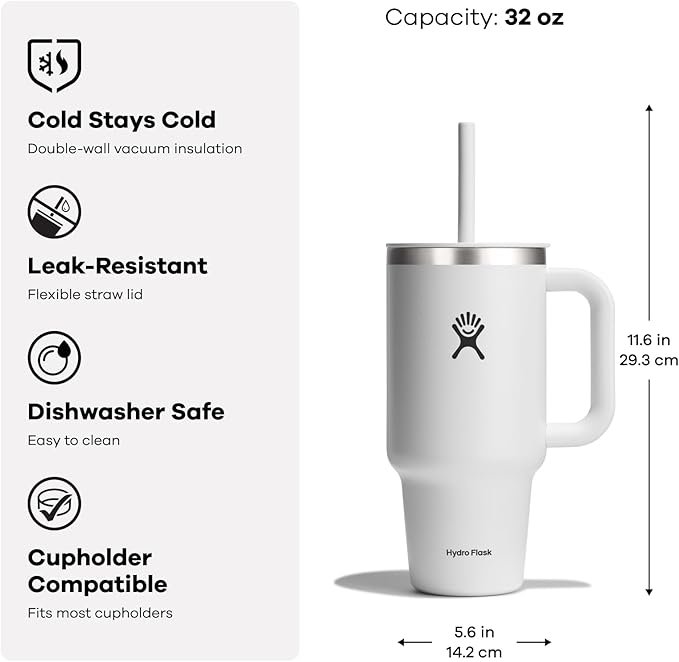 Hydro Flask Travel Tumbler with Handle, Lid and Straw - Insulated Stainless Steel in 32 Oz Seasalt