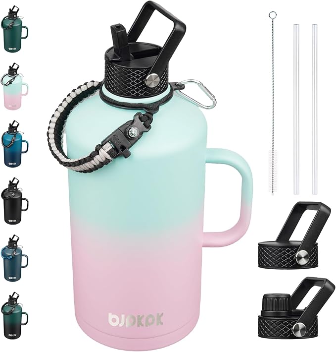 BJPKPK 1 Gallon Water Bottle Insulated with Straw Lid, 128oz Large, Stainless Steel Water Bottles with 3 Lids and Paracord Strap, Double Wall Vacuum Metal Water Jug,Marshmallow