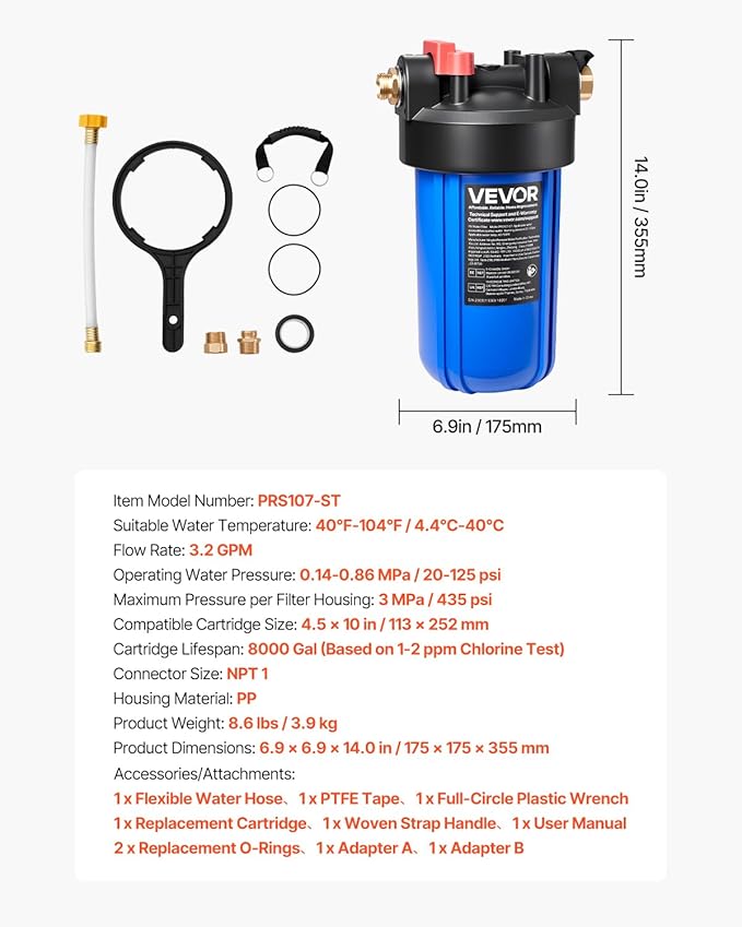 VEVOR RV Water Filter, 4.5 x 10 in Water Filter System with Replaceable Cartridge for RV, Remove Sediments, Chlorine, Bad Tastes, Odors, and Most Contaminants, RV Filter for Campers, Boats