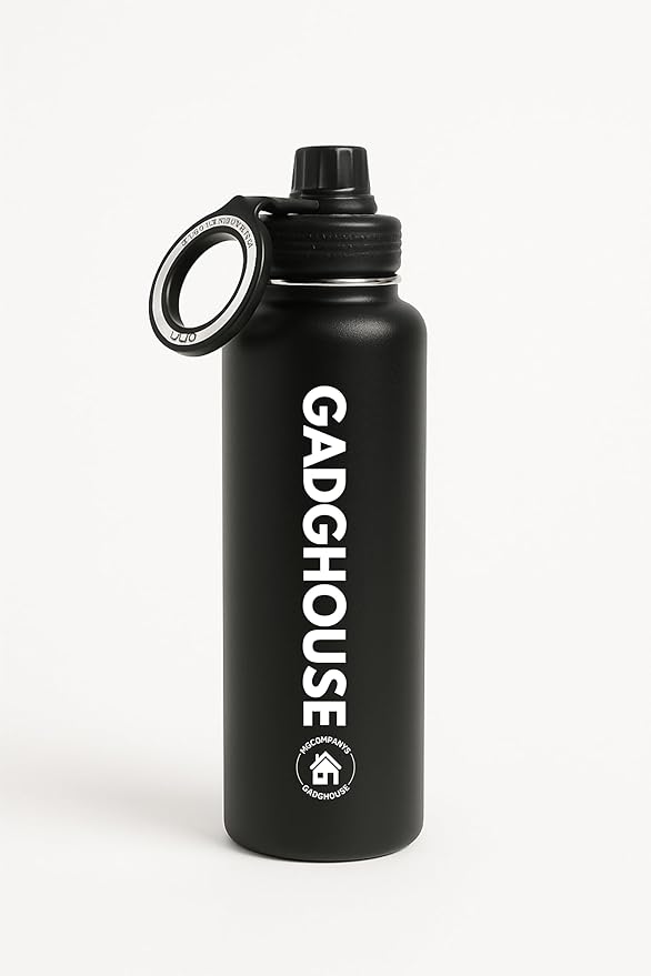 GadgHouse 40oz Stainless Steel Water Bottle with Magnetic Phone Holder, Compatible with Apple and Android. Leakproof, Insulated, BPA-Free, Keeps Hot 12H Cold 24H, for Gym, Office, Travel (ONYX BLACK)