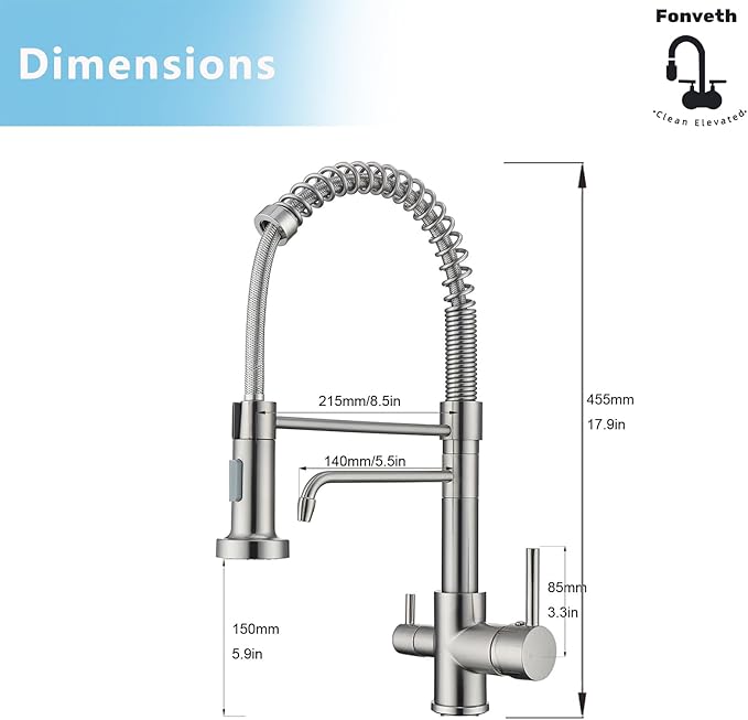 3 Way Kitchen Faucet, Drinking Water Faucet, Filter Kitchen Faucet for Water Filtration System, 3 in 1 Commercial Style Pull-Down 2 Handles, Brushed Nickel
