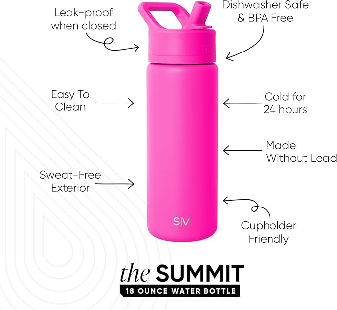 Simple Modern Kids Water Bottle with Straw Lid Vacuum Insulated Stainless Steel Metal Thermos Bottles | Reusable Leak Proof BPA-Free Flask for School | Summit Collection | 18oz, Raspberry Vibes