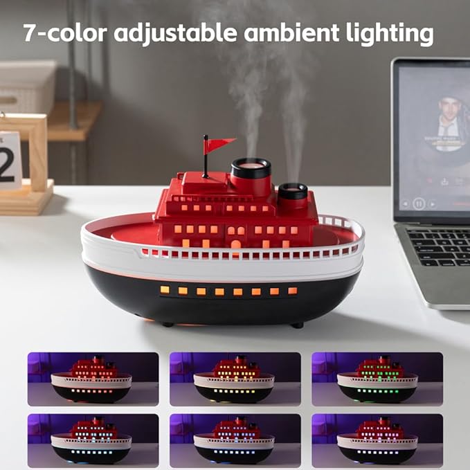 300ML Cartoon Modeling Ship Aroma Essential Oil Diffuser & Cool Mist Dual-Hole Boat Humidifier with 7-Color LED Night Lights | Ultrasonic Quiet | Auto Shut-Off | Home Office Nursery Decor Gift