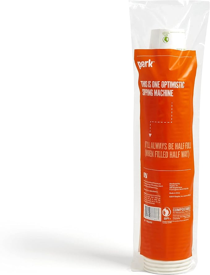 Perk Eco 10 Oz Compostable Paper Hot Cups, Disposable Coffee Cups for Hot Beverages, White/Green