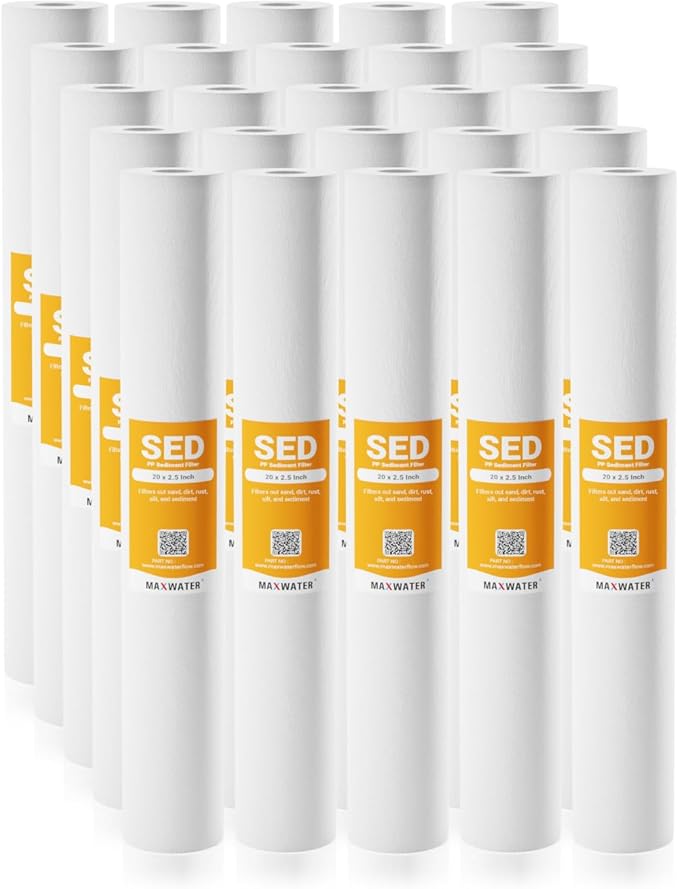 Max Water 1 Micron 20 x 2.5 Whole House Sediment Water Filter Melt-Blown Polypropylene Replacement Cartridge SDC-25-2001 P1-20 155304-43, 25 - Pack